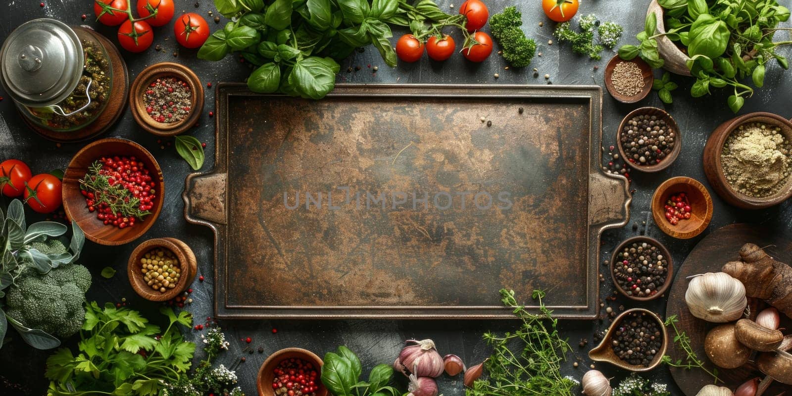 Herbs and spices on rustic background. Top view, copy space