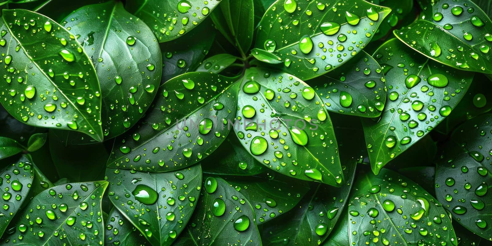 Vibrant Green Leaves with Glistening Water Droplets