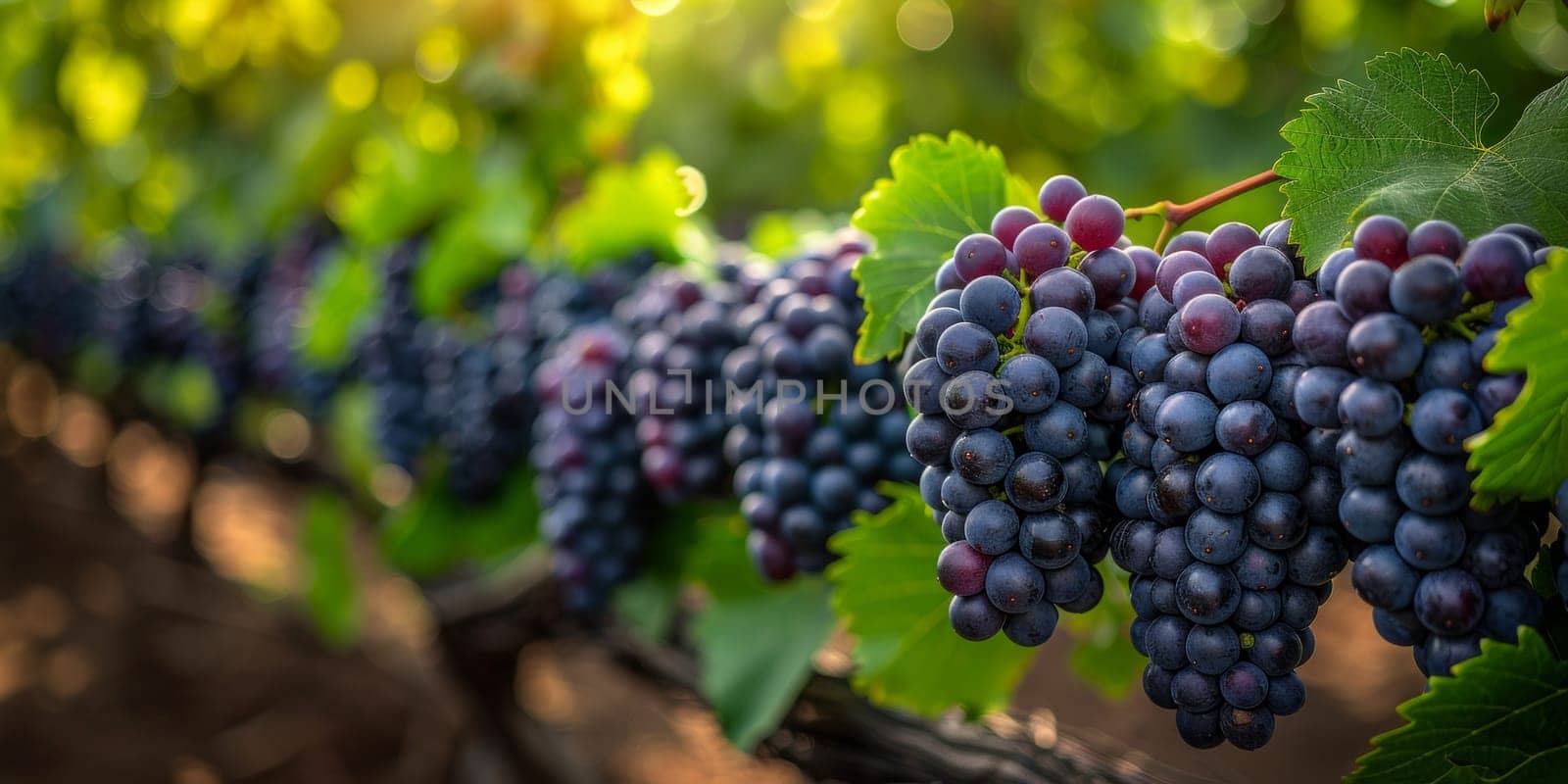 Bunches of red wine grapes in vineyard ready to harvest