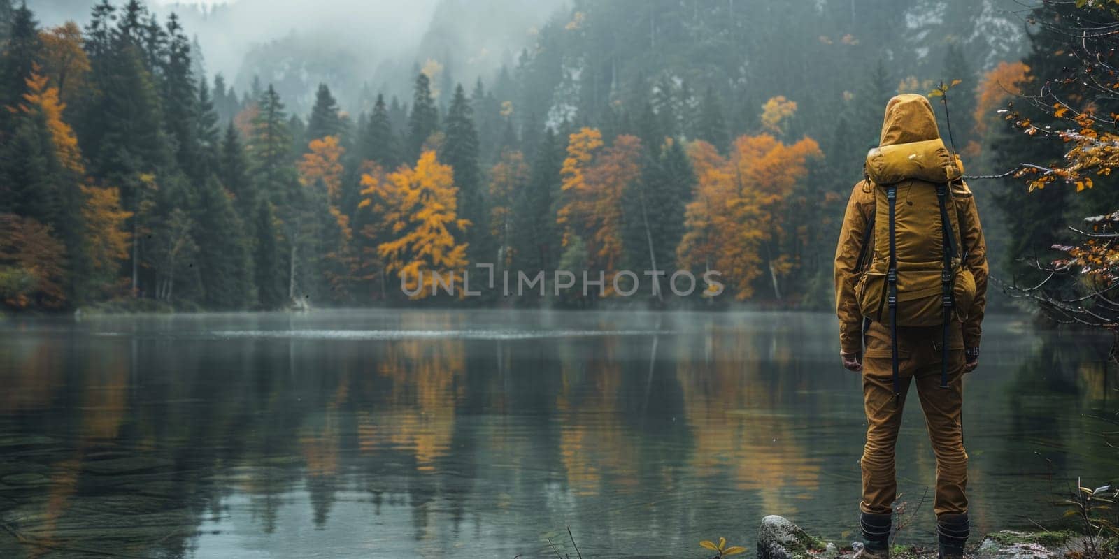 Man in a yellow raincoat stands on the bank of a mountain lake in autumn.