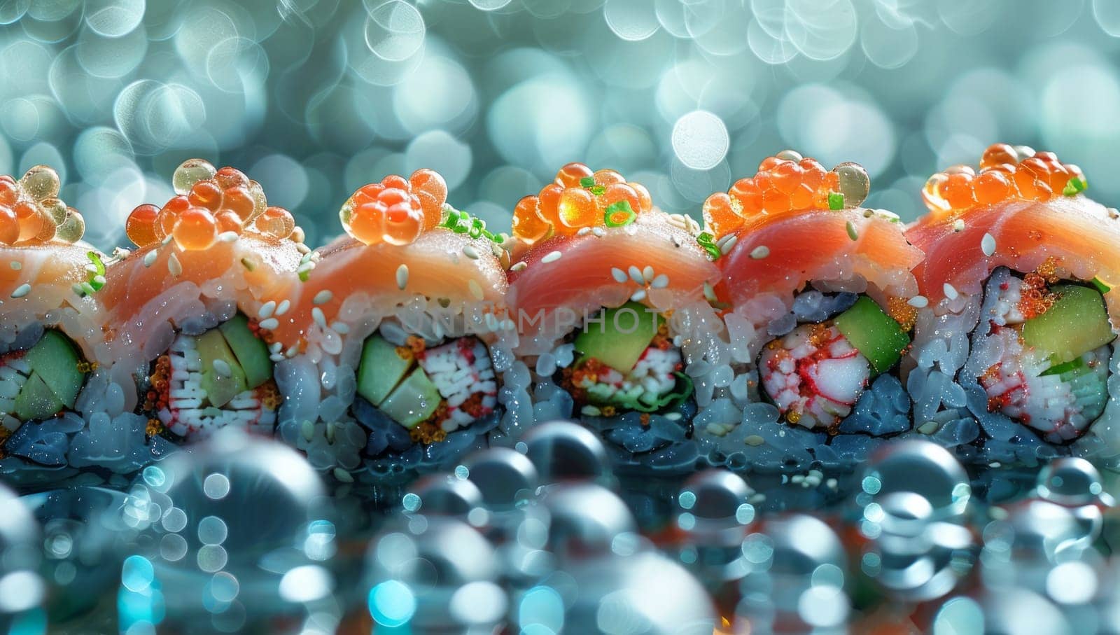 Sushi rolls topped with fresh salmon and caviar rest on a reflective surface