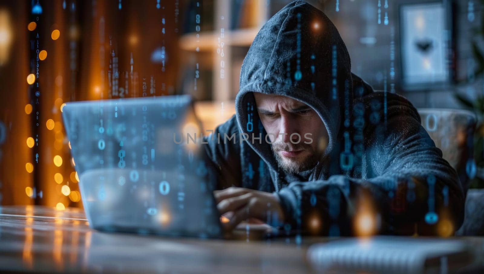Man in hood using laptop with binary code on screen. Cybercrime concept