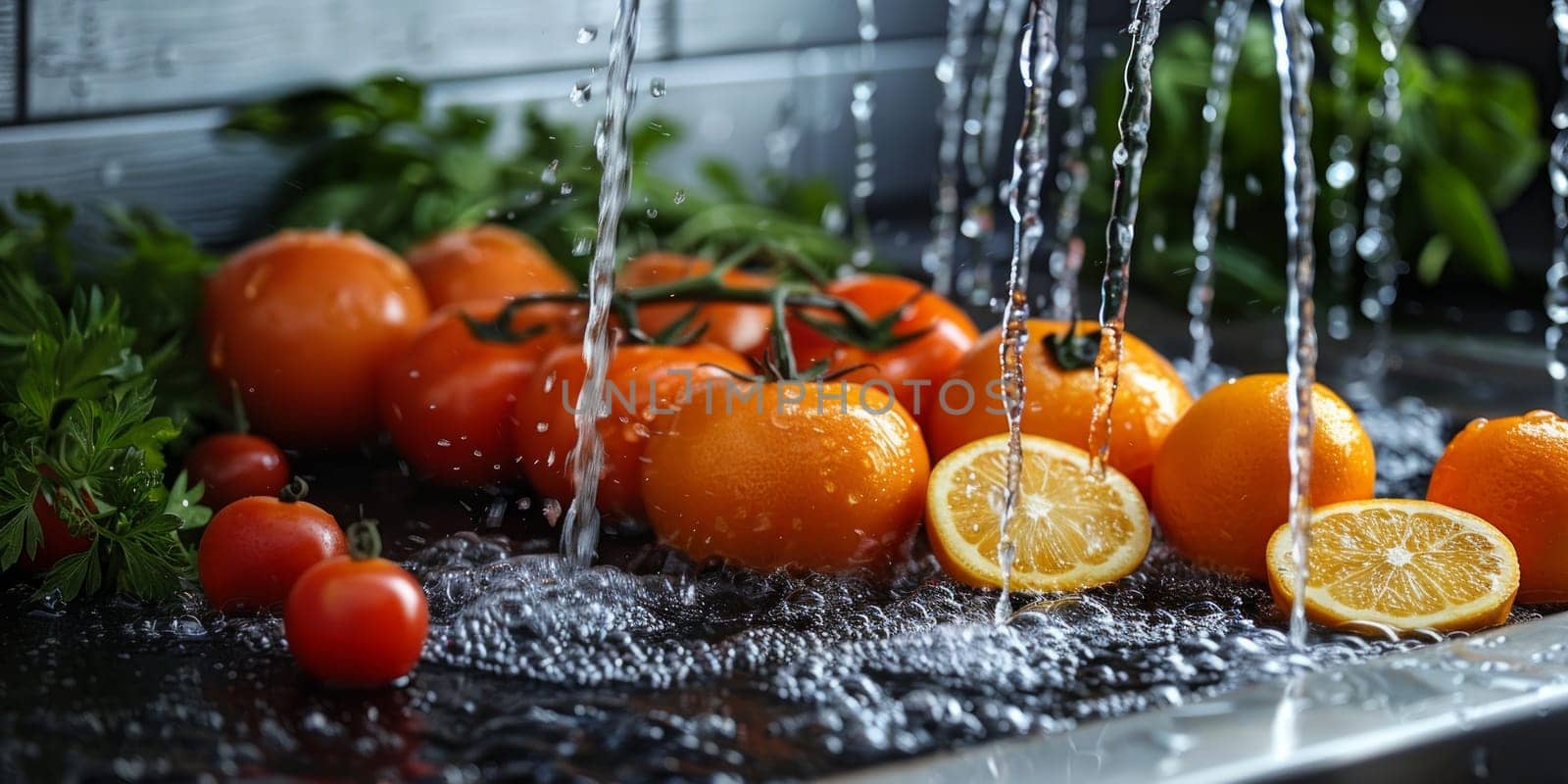 Fresh tangerines and cherry tomatoes under running water, closeup