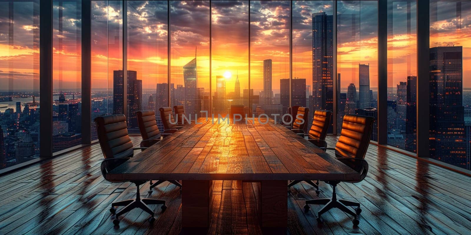 Sunlit boardroom with a panoramic city view.