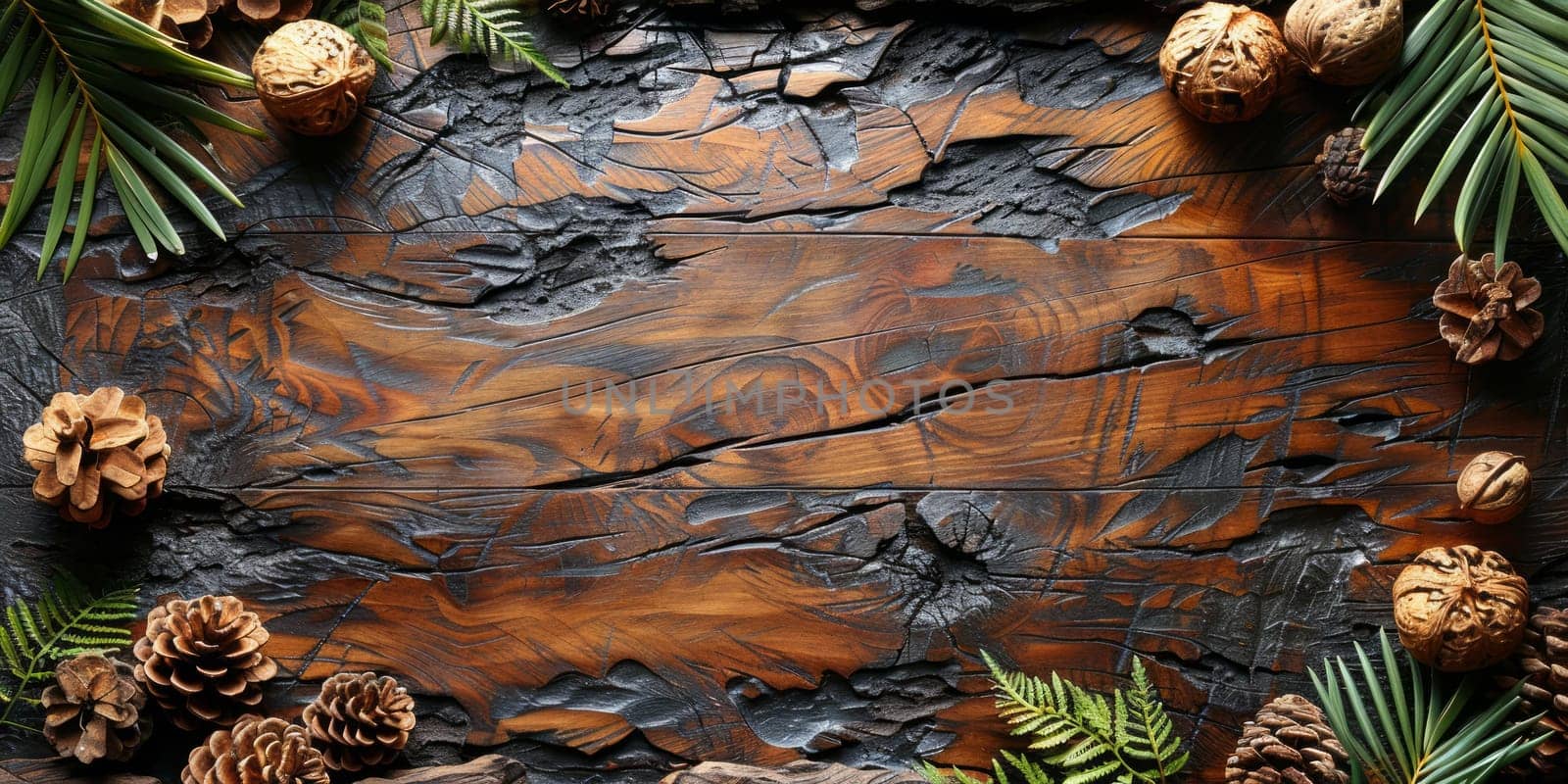Pine cones and fir branches frame a rustic wooden background