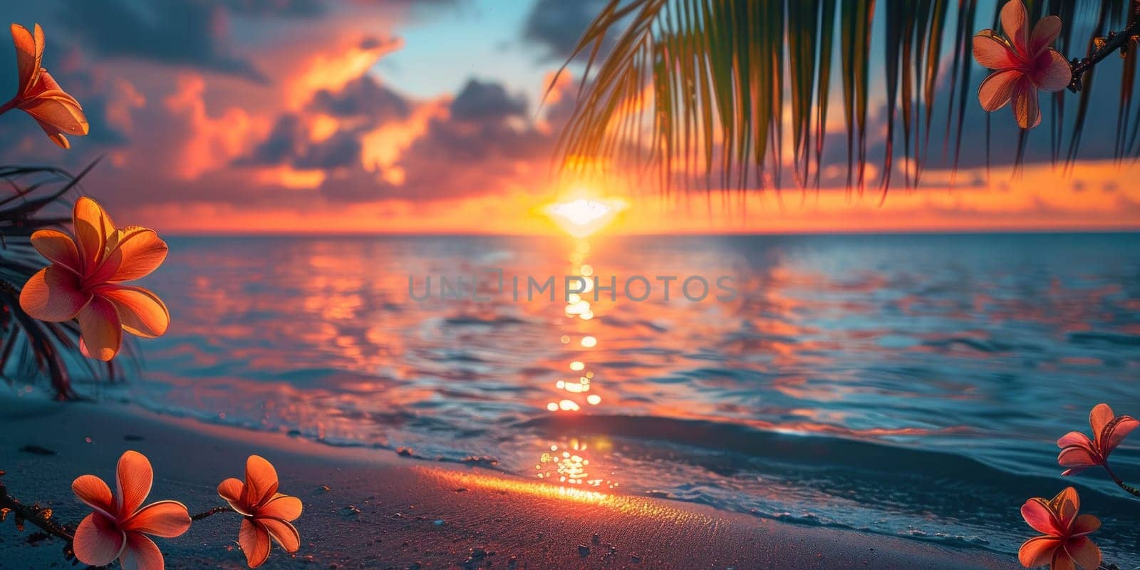 Tropical sunset on the beach with palm leaves and flowers.