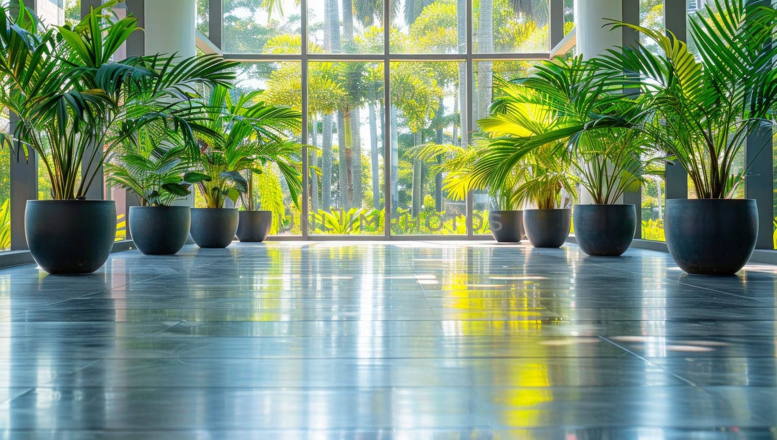 Tropical garden with palm trees and plants in black pots in hotel lobby