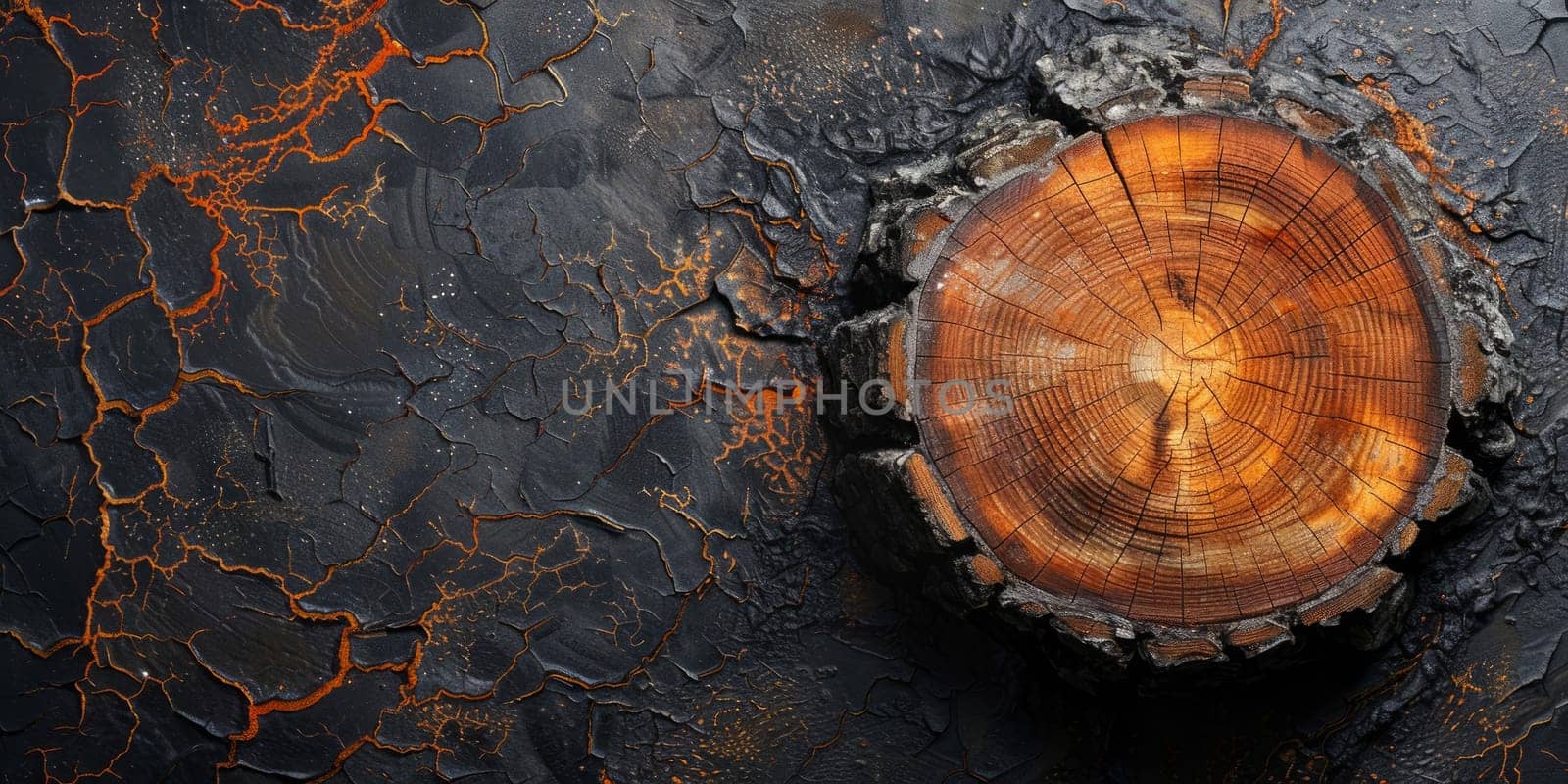 Wooden log with cracks on a dark background, top view.