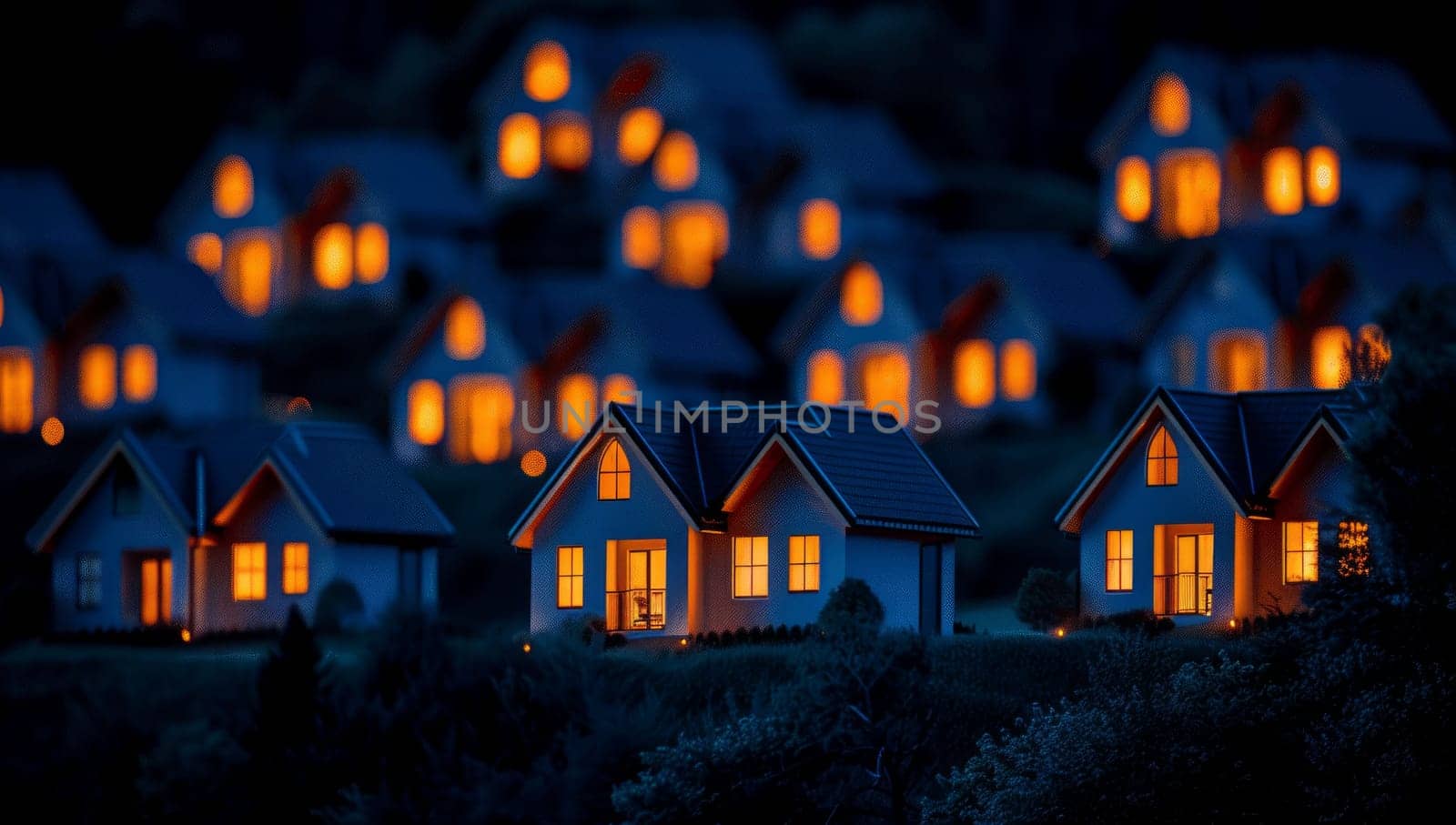 Miniature houses in the village at night. Concept of real estate.