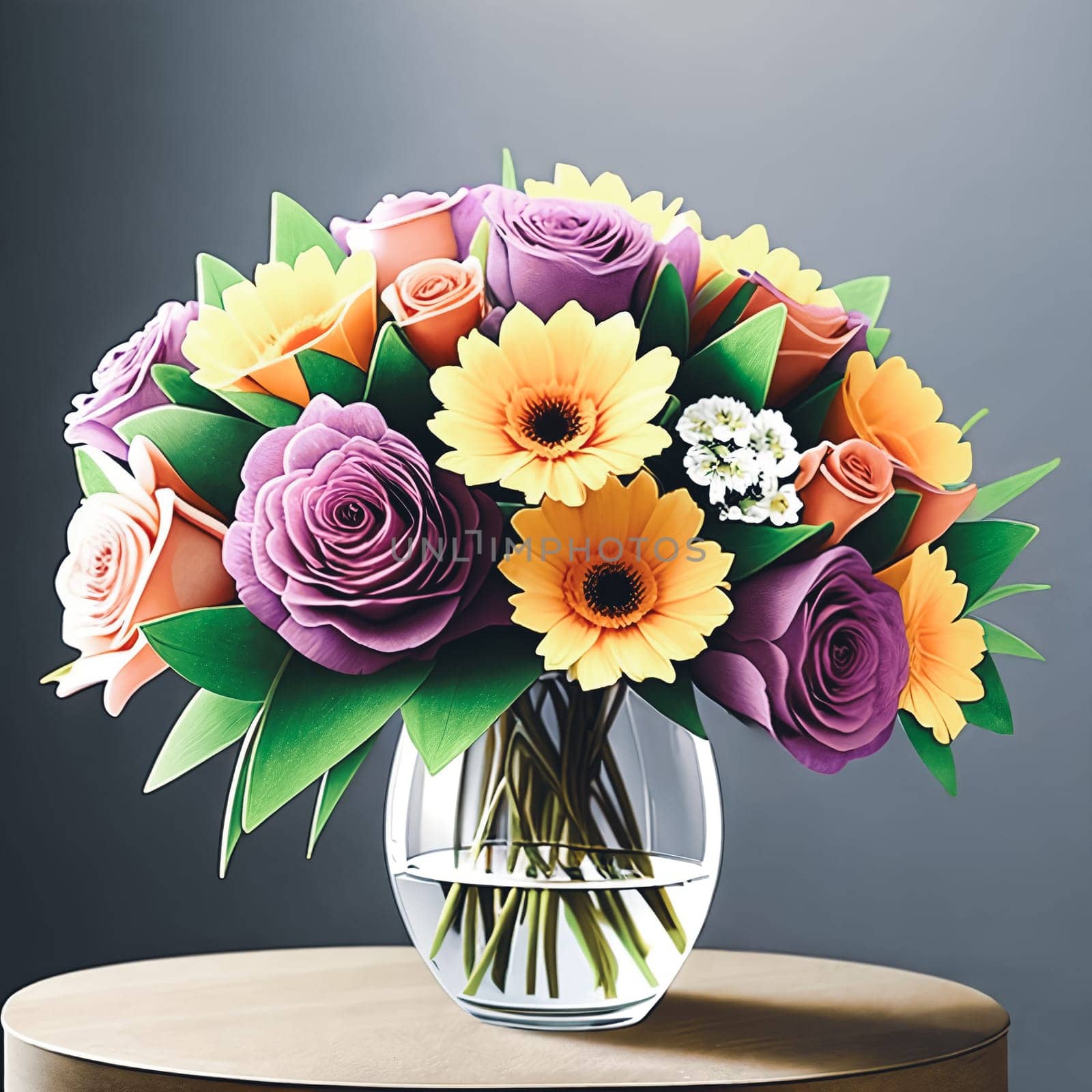 Floral Elegance. A vibrant bouquet of spring flowers arranged in a stylish vase with soft natural lighting to symbolize elegance and femininity