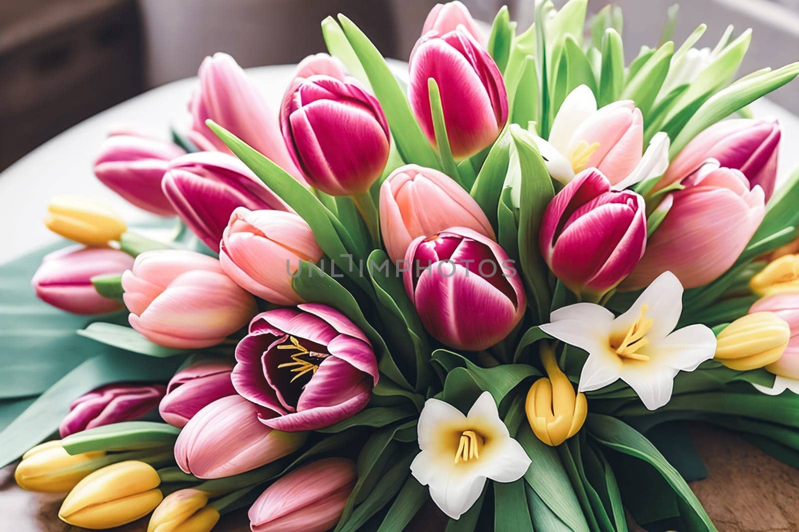 Easter Floral Delight. A composition featuring a variety of fresh spring flowers tulips arranged in a decorative Easter-themed setting, highlighting the vibrant colors and delicate petals.