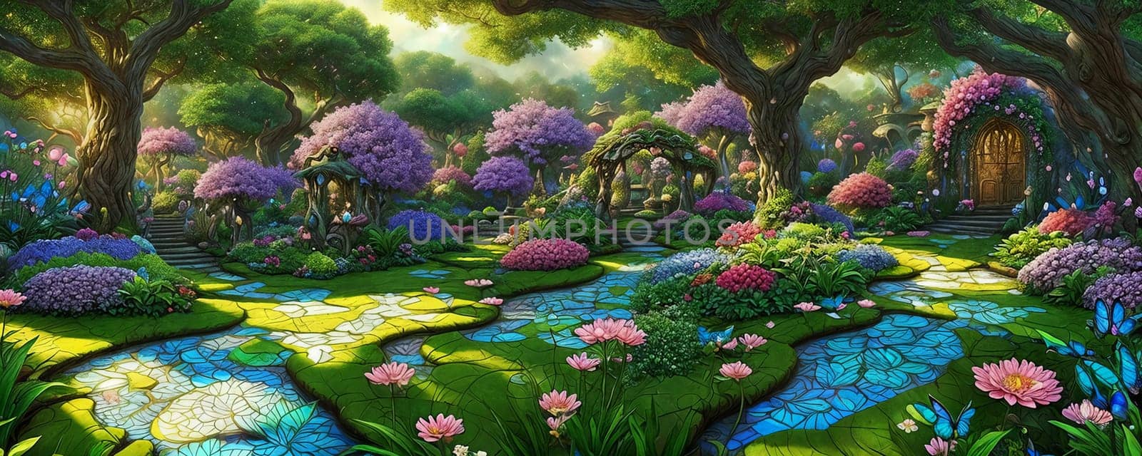 Enchanted Garden. An enchanted garden teeming with fantastical flora and fauna, radiant blooms. Generative A