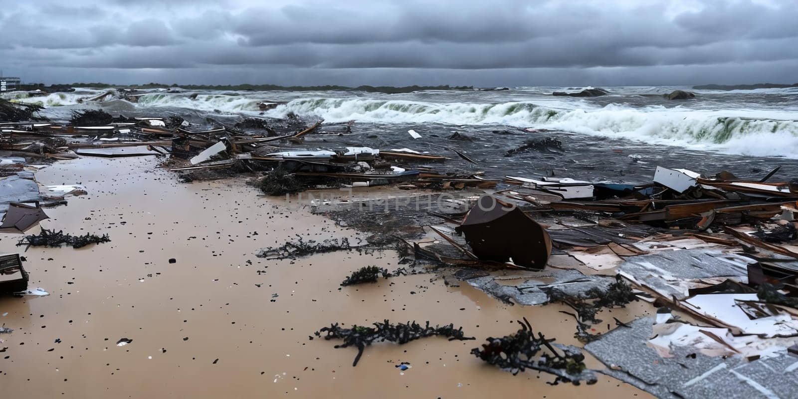 The aftermath of a powerful tsunami with debris scattered across a coastal area, emphasizing the sheer scale of destruction caused by the relentless waves. Panorama