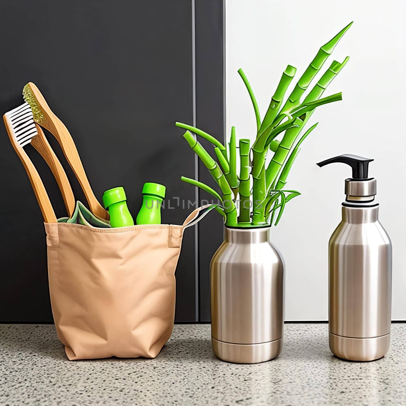 Sustainable Living. Showcase a sustainable lifestyle with a composition of reusable eco-friendly products like a bamboo toothbrush, a stainless steel water bottle, and a canvas tote bag