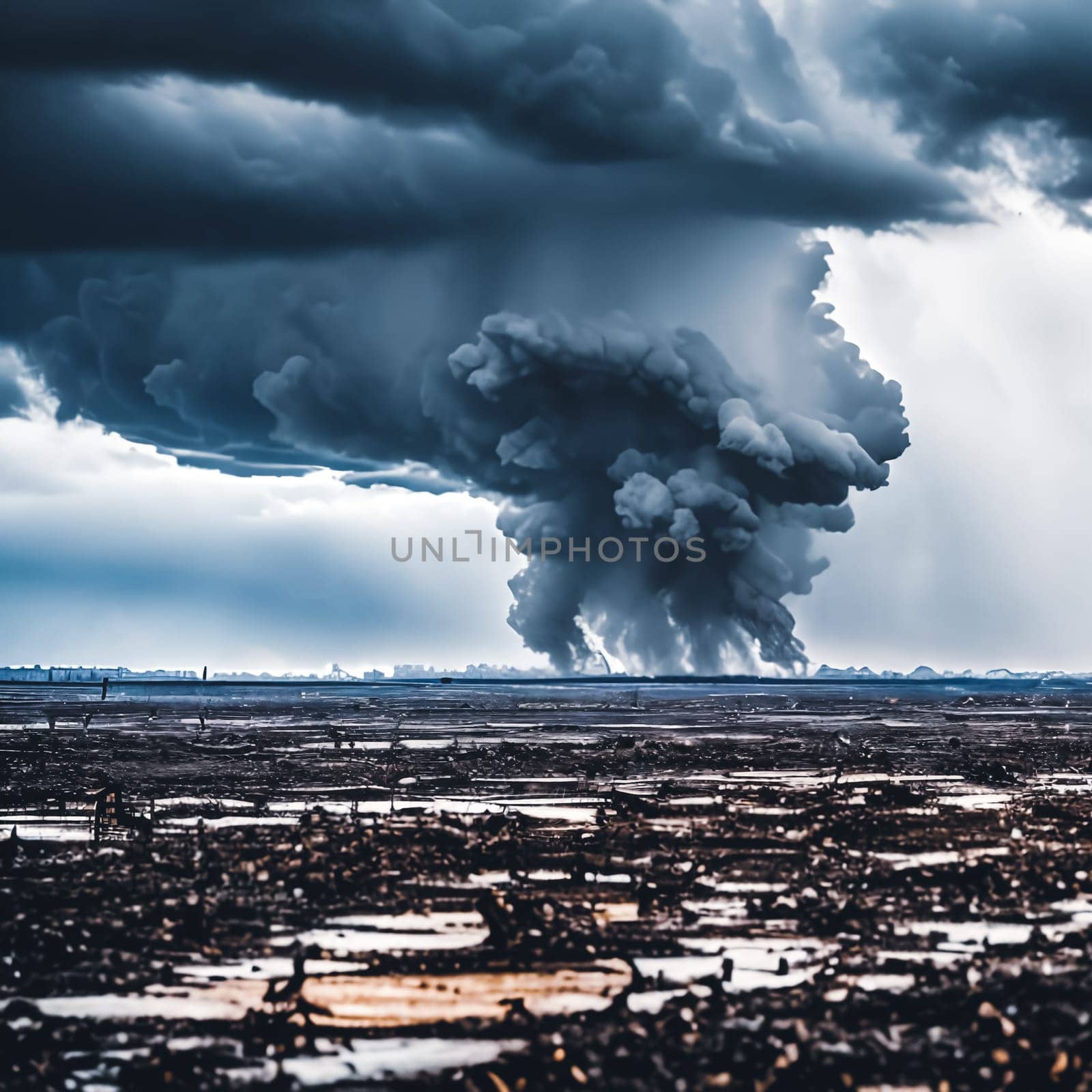 The raw power of a tornado by focusing on its twisting motion as it ravages the landscape, showcasing its destructive force amidst a barren field. Panorama