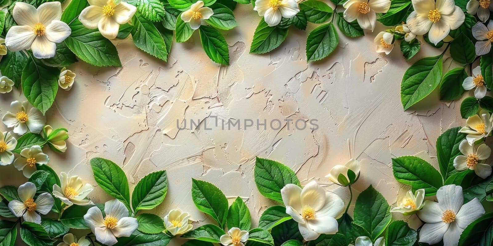 Frame made of jasmine flowers and green leaves on light background