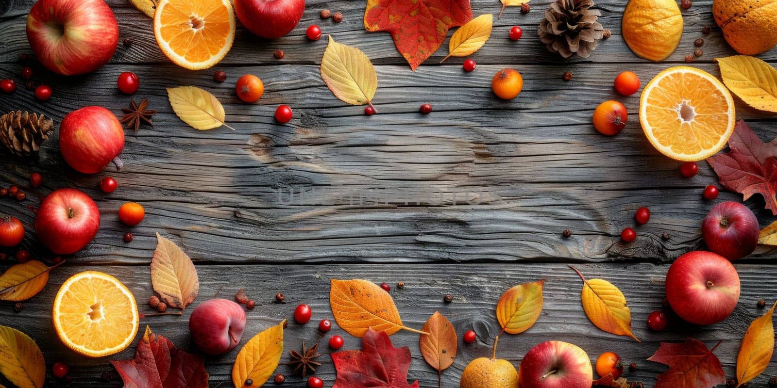 Autumn background with apples, oranges and leaves on rustic wooden background