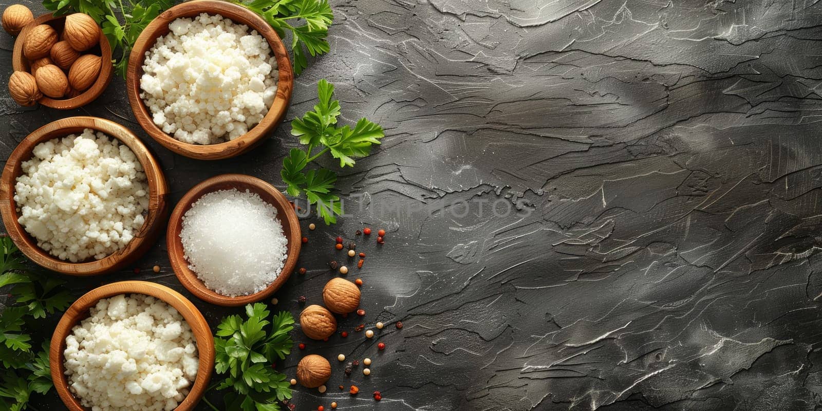 Bowls with tasty boiled rice and parsley on grey background