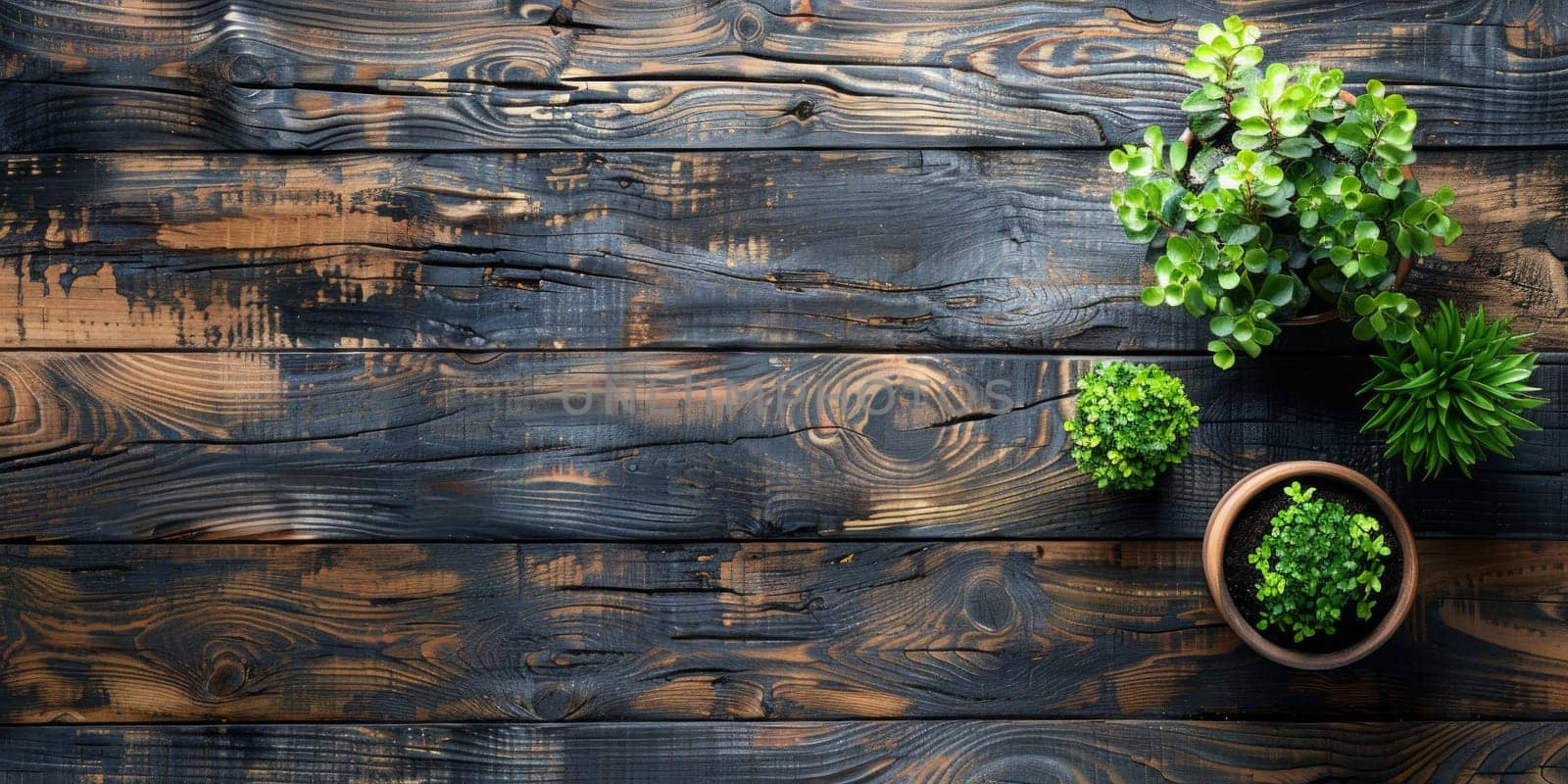 Top view of green plants in pots on rustic wooden background.