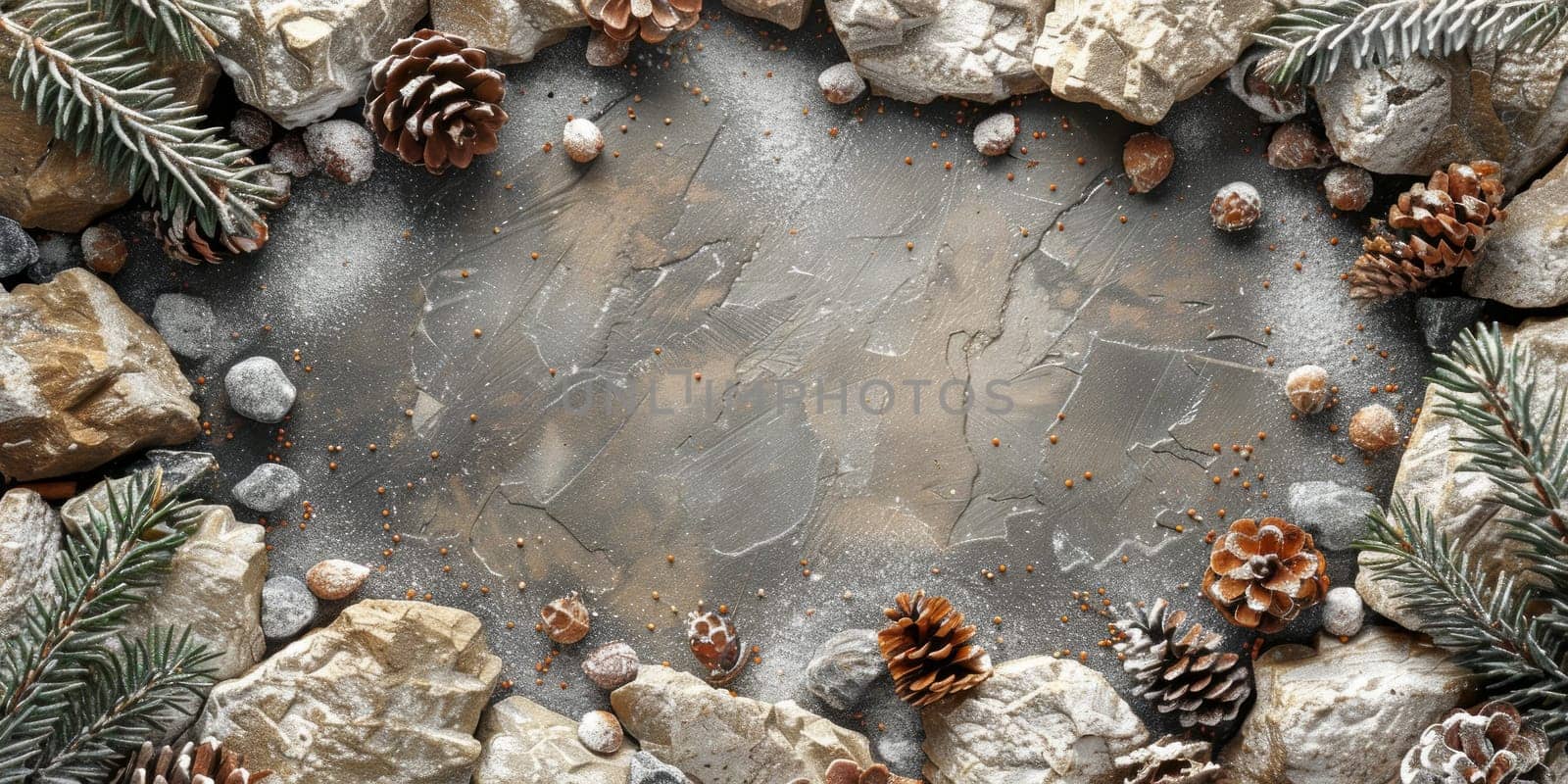 Christmas background with fir branches, cones and stones. Top view with copy space