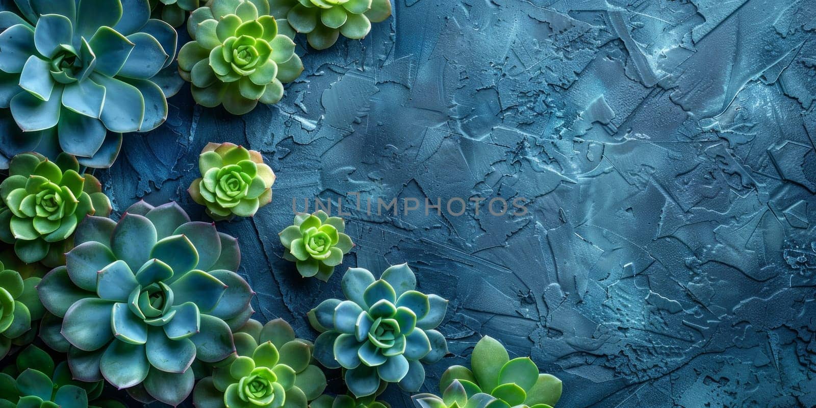 Succulent plants on blue textured background. Top view.