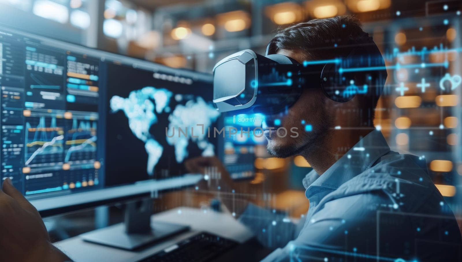 Man in virtual reality headset analyzes data on multiple computer screens