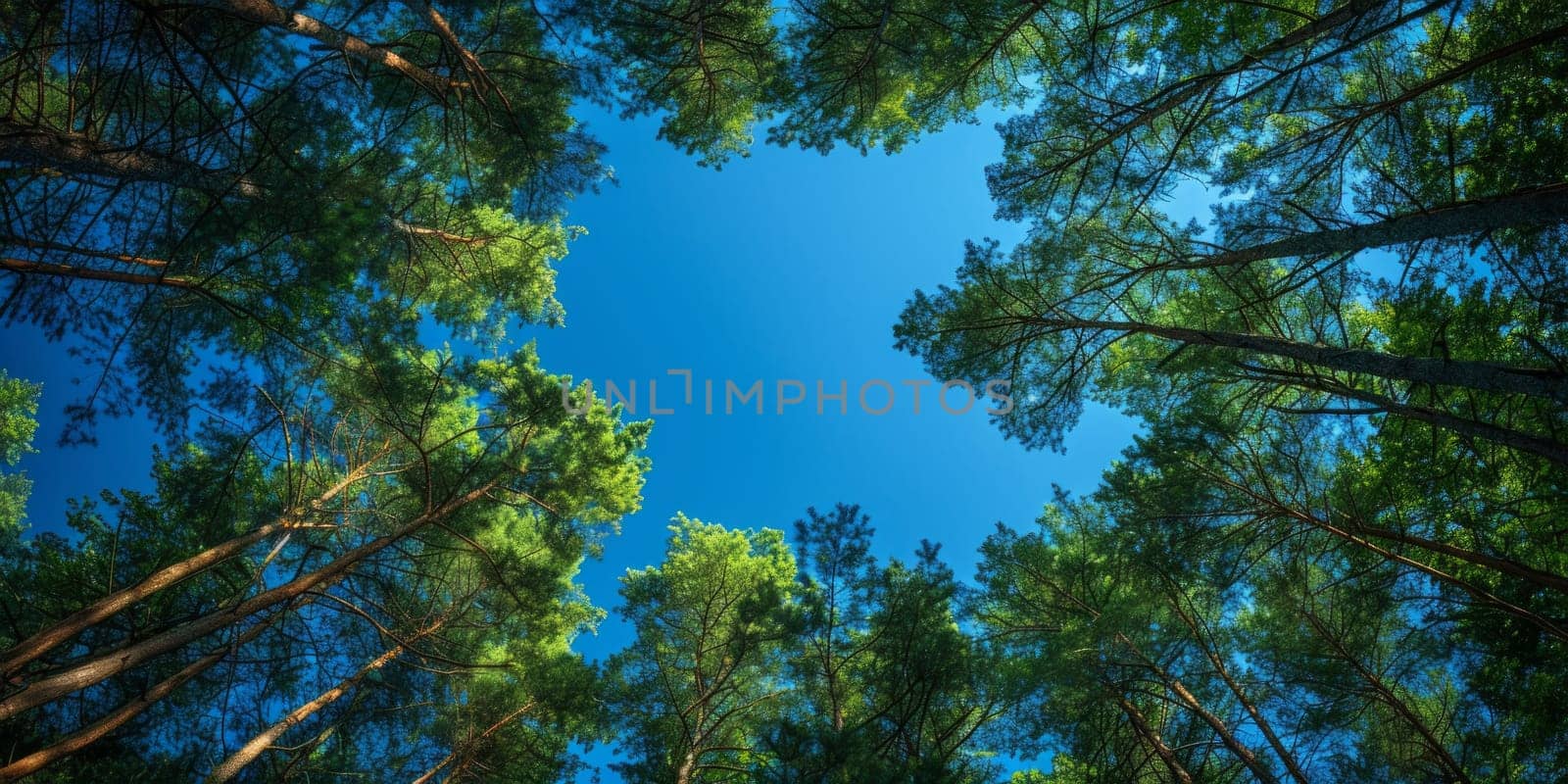 Pine forest with blue sky background. Pine tree forest view from below