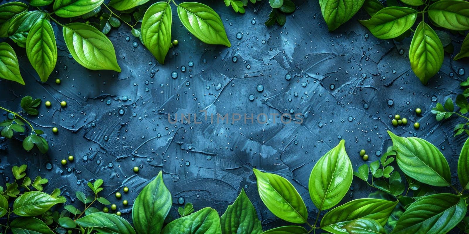 Green leaves with water drops on dark blue background. Top view.