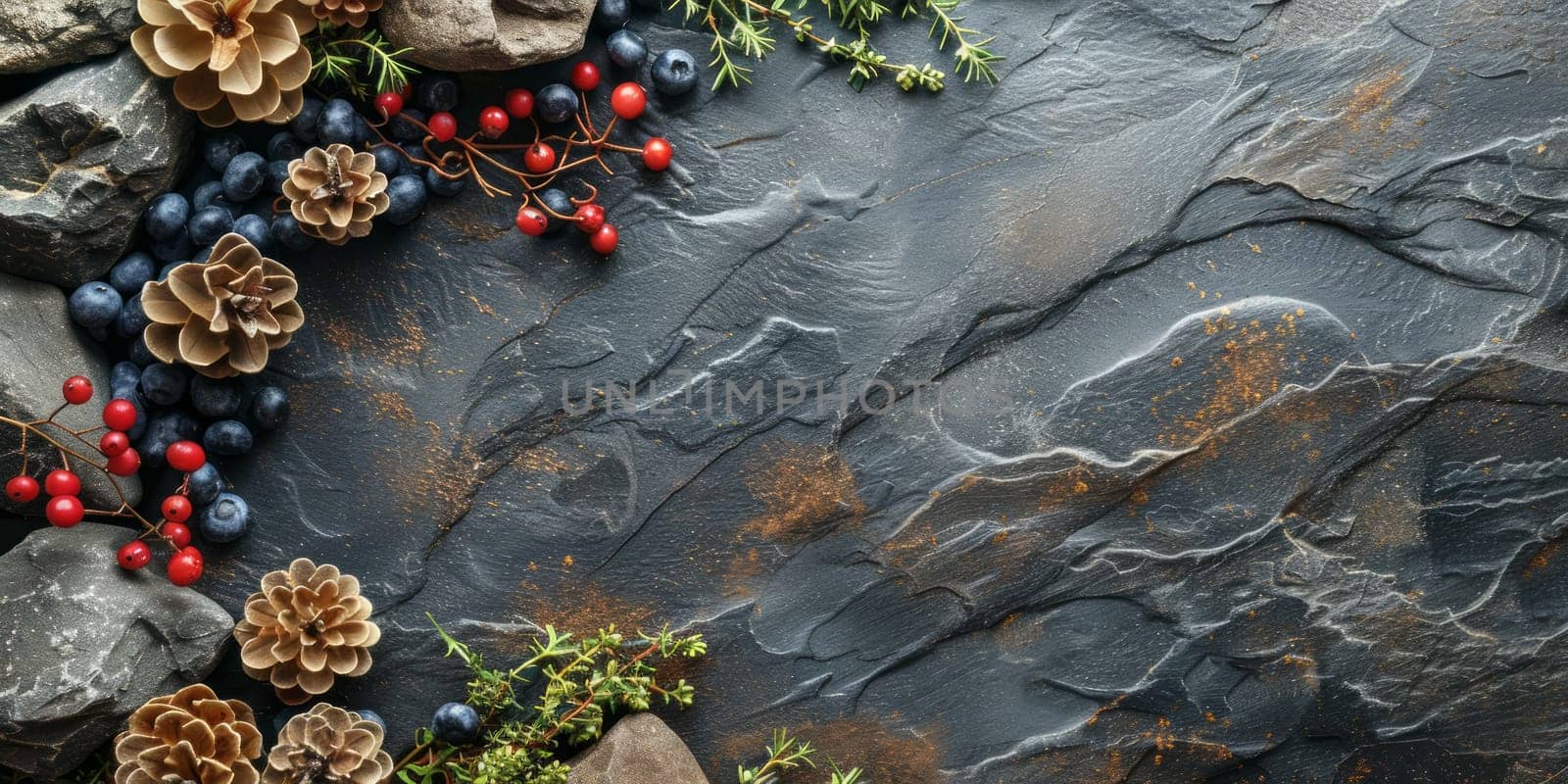Top view of fresh berries and pine cones on stone background with copy space