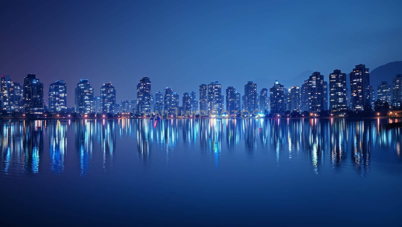 Night view of the cityscape with reflection in the water
