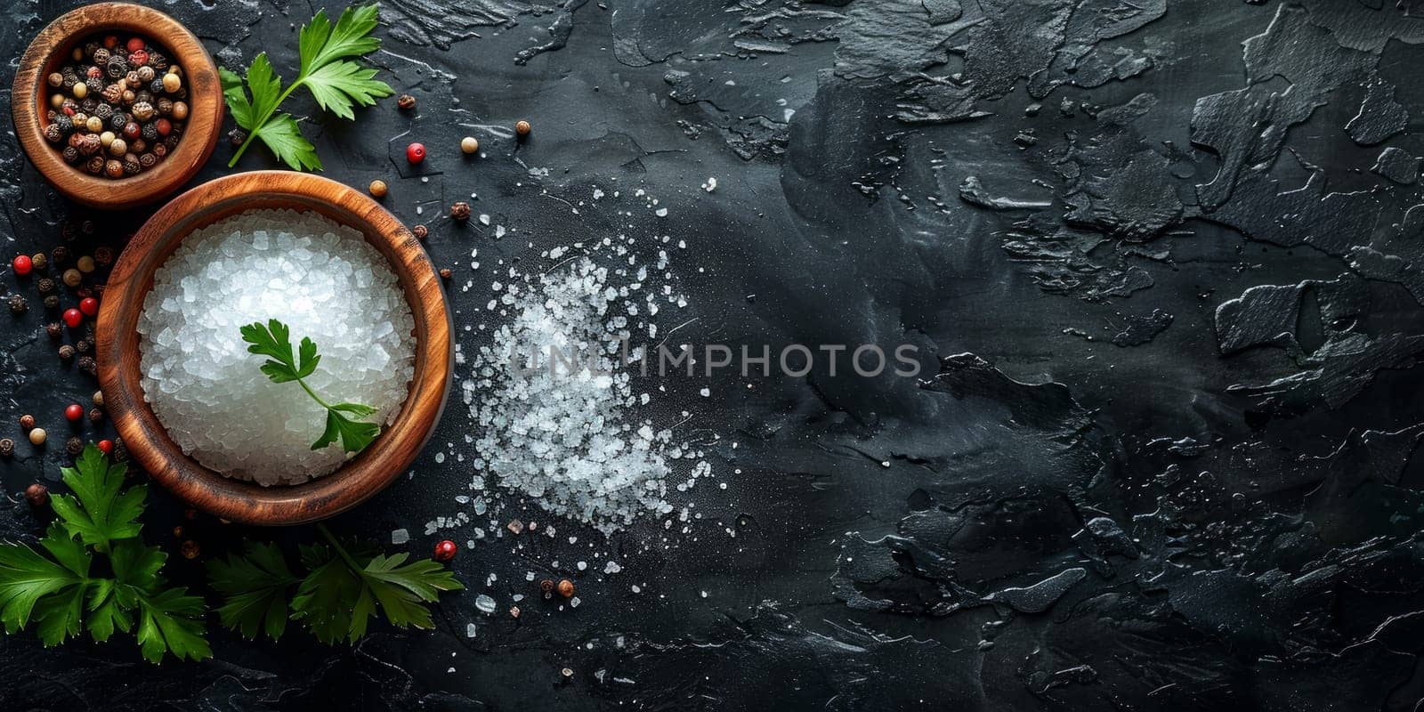 Salt, pepper and parsley on black background. Top view with copy space