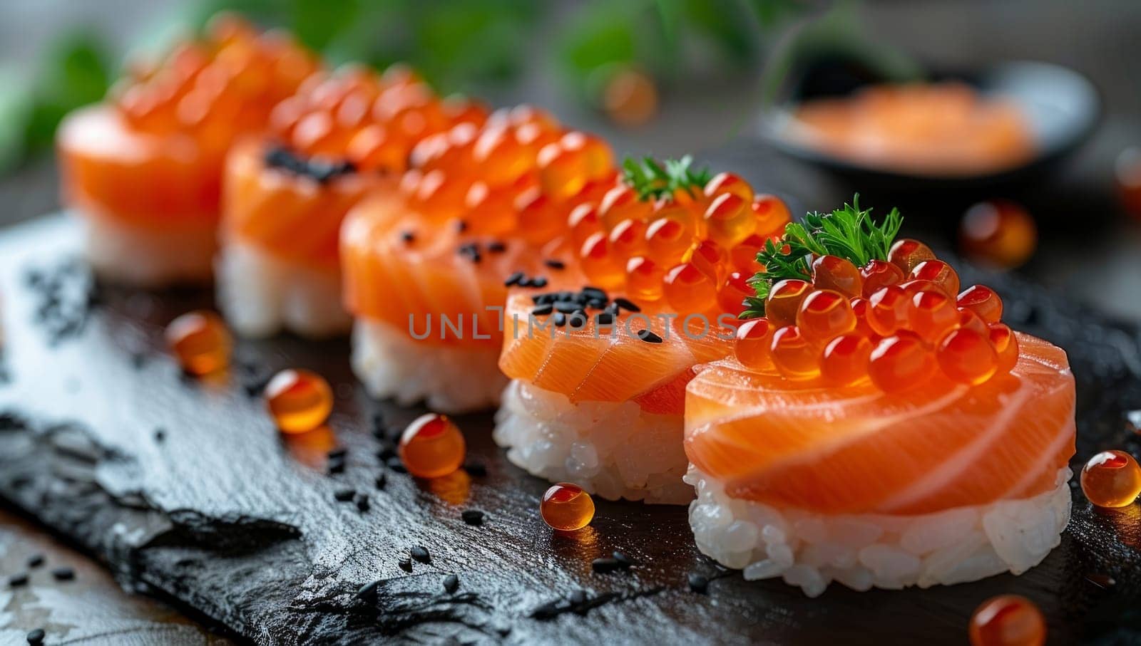 Sushi with salmon and caviar on a black stone background.