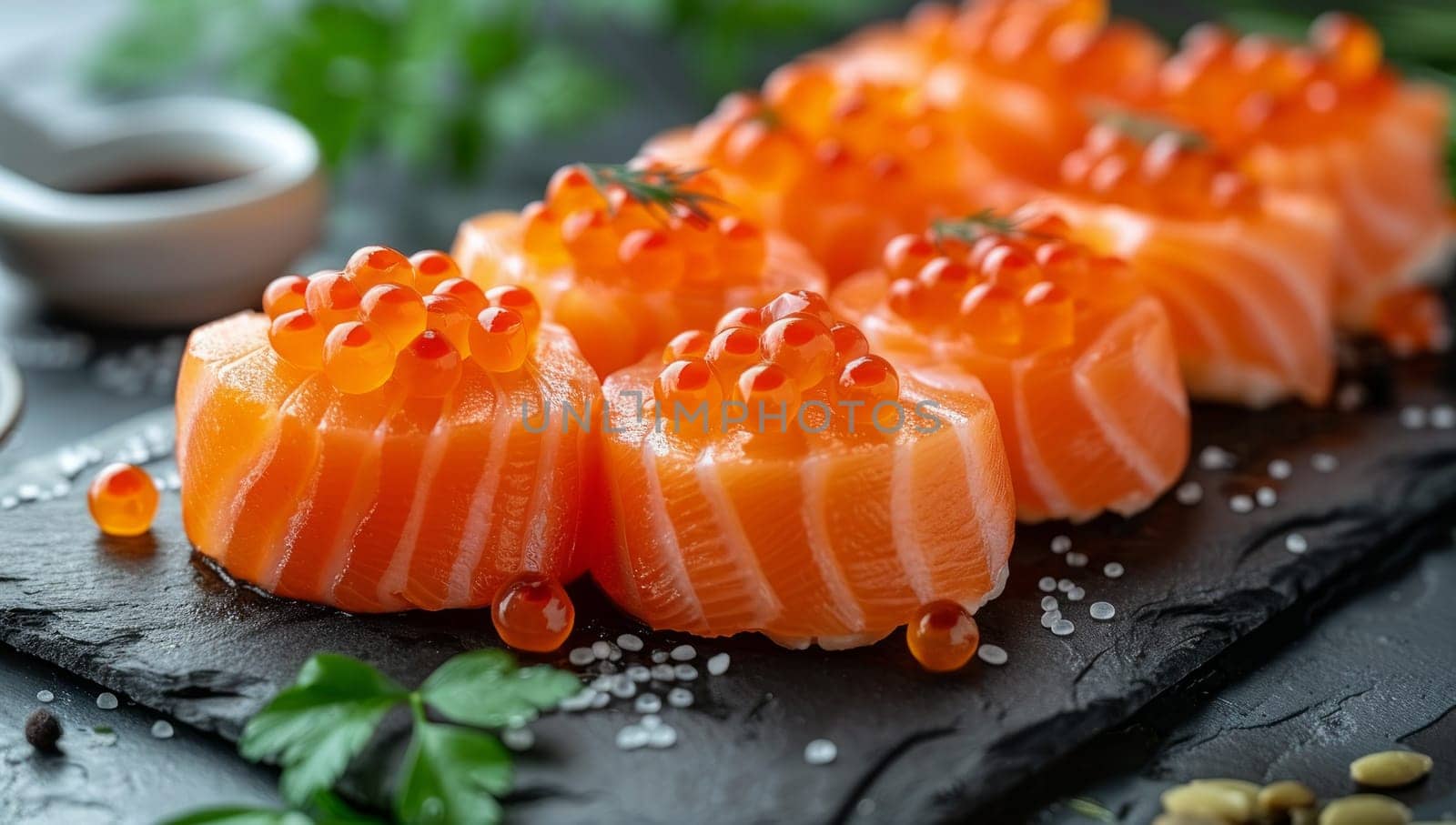 Salmon Sushi with Red Caviar on Black Stone Background.