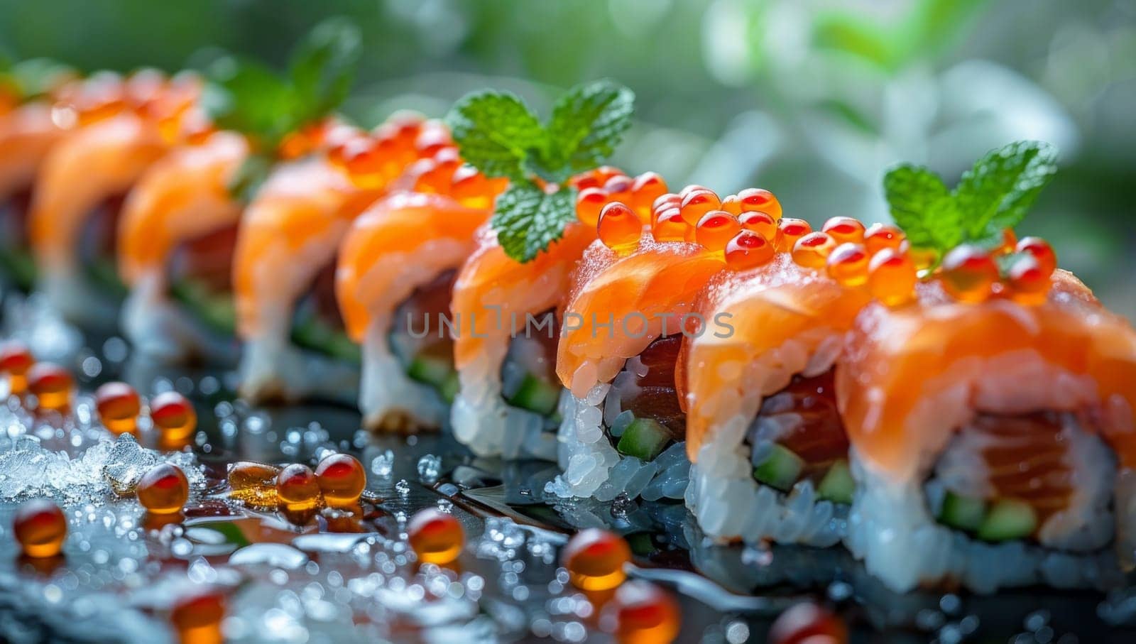 Sushi roll with salmon, caviar and cucumber on black plate