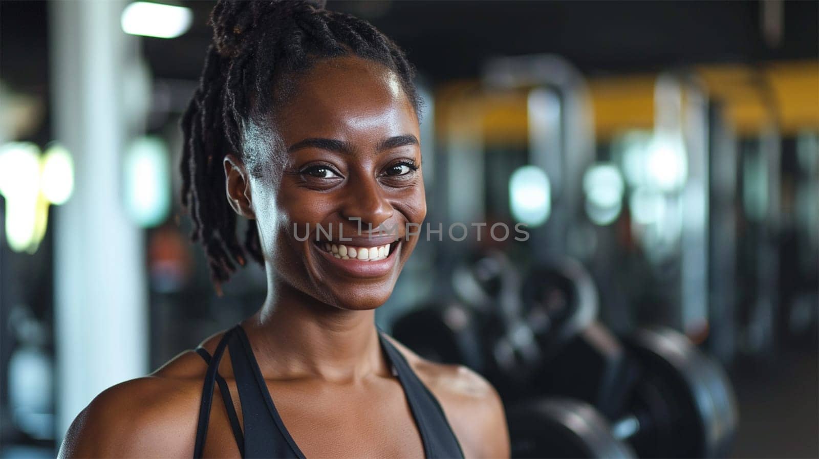 black woman trains in the gym, A fit woman with dreadlocks smiles brightly in a gym, evoking motivation and positivity.