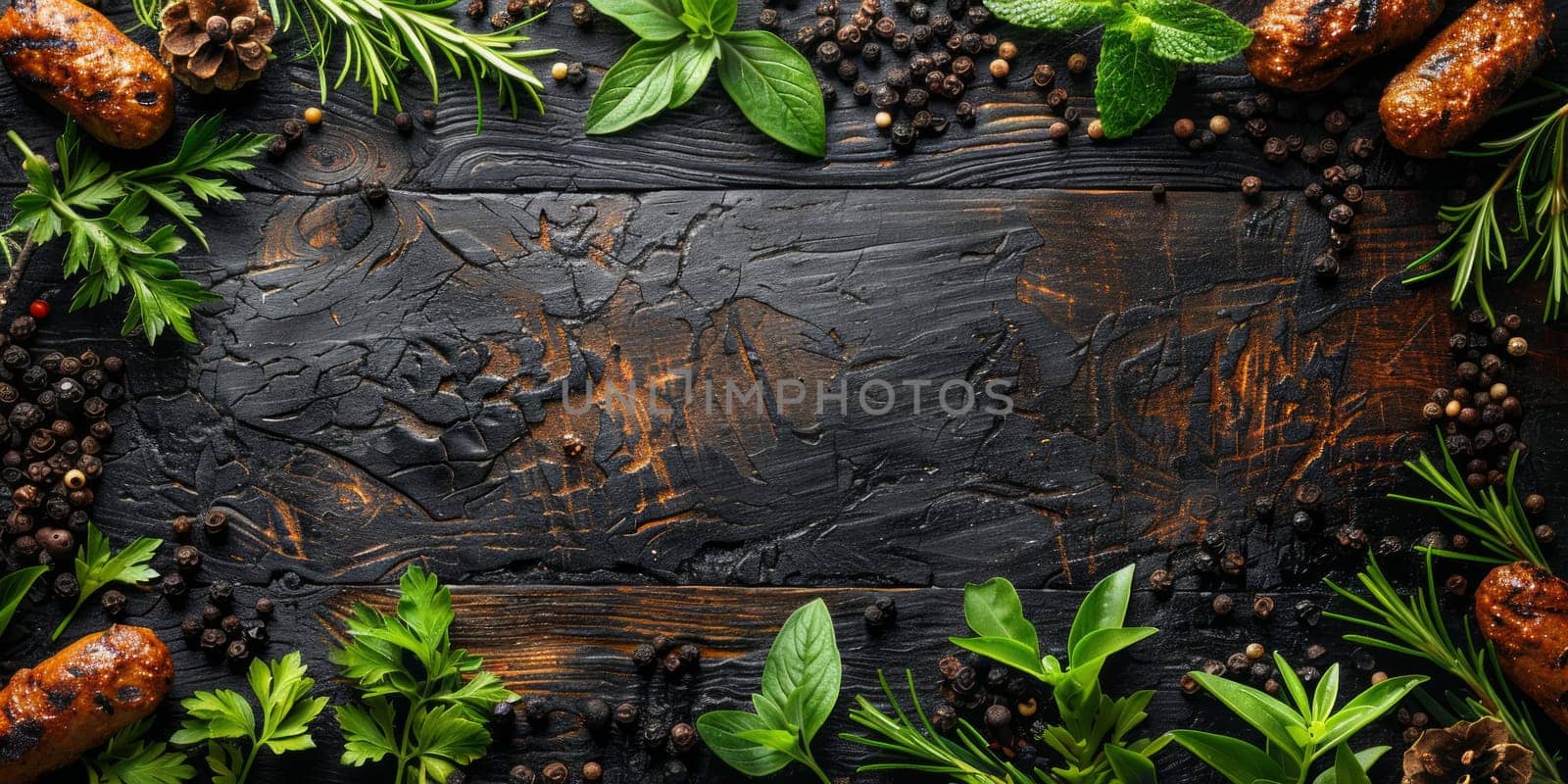 sausages with herbs and spices on a black wooden background, top view