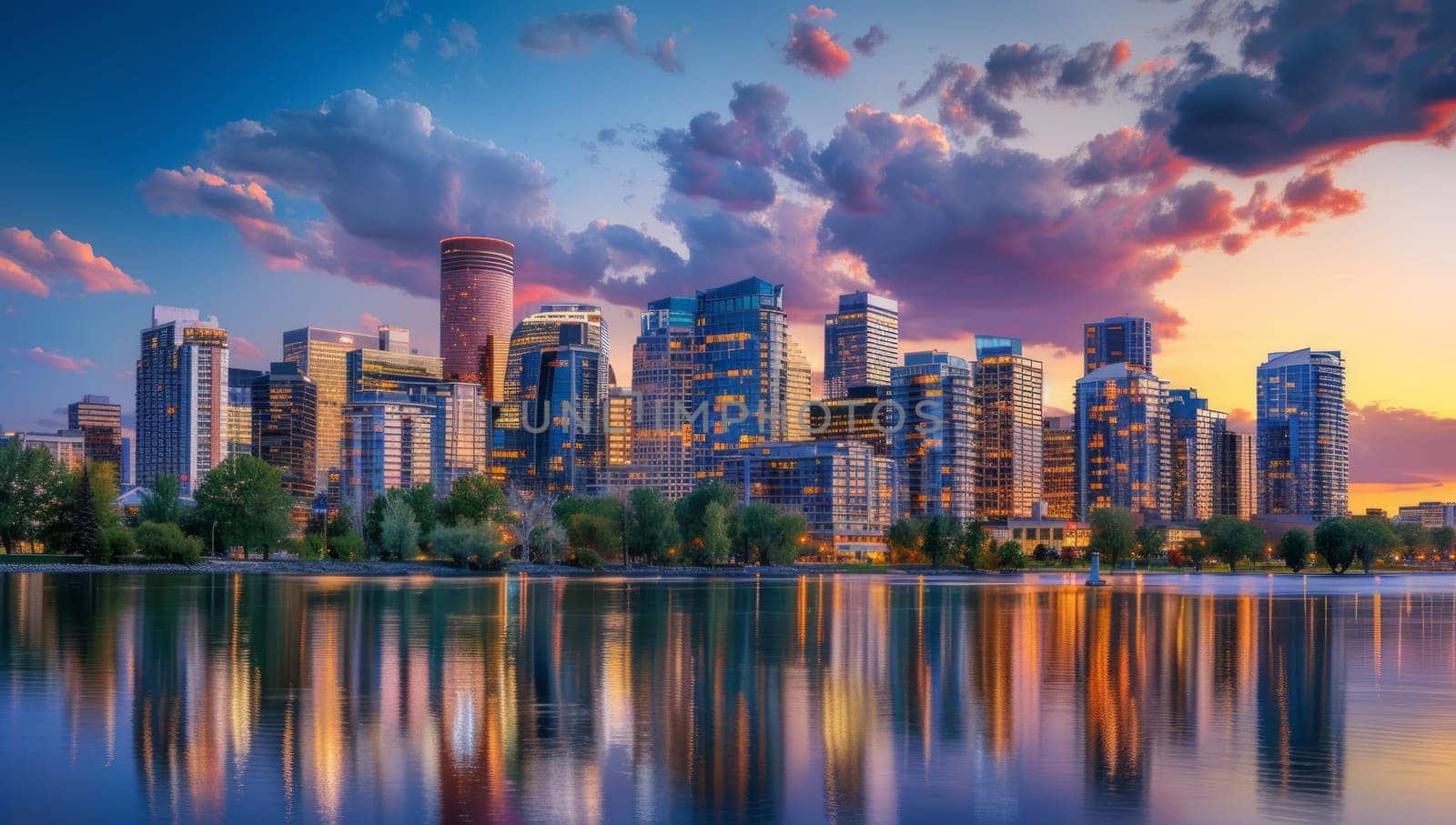 Modern cityscape with skyscrapers reflected in water at sunset.
