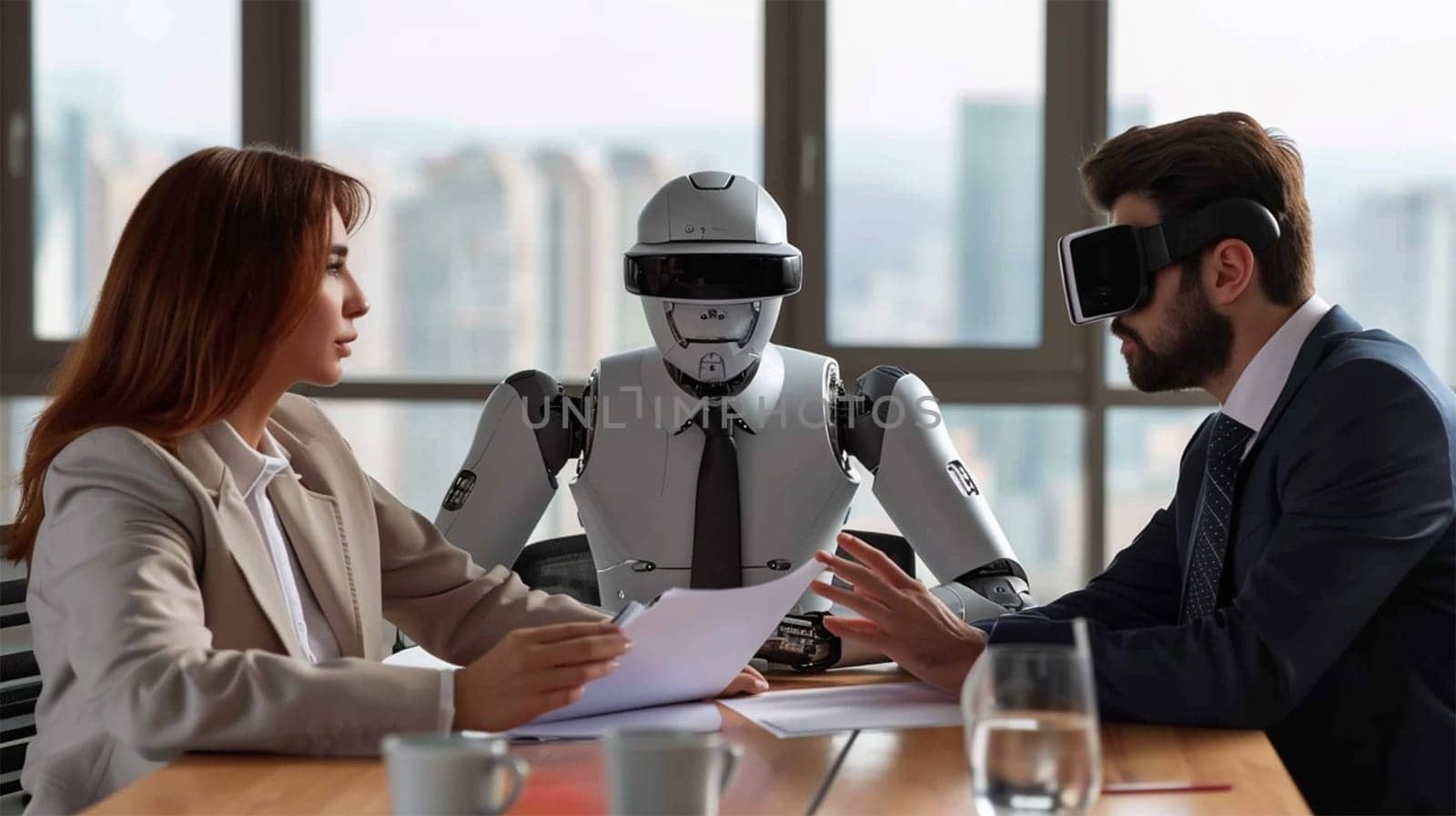 A humanoid robot interacts with two business professionals wearing VR headsets in a modern office.