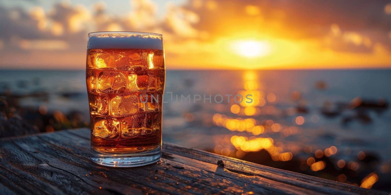 Glass of cola with ice cubes on the beach at sunset.
