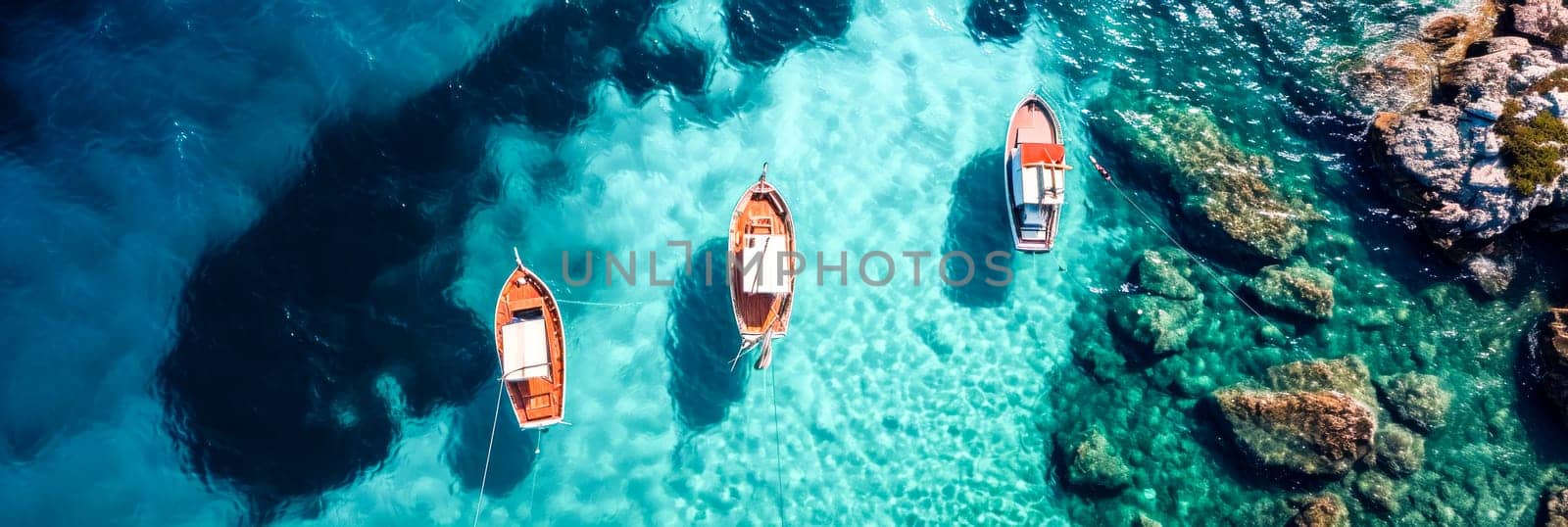 Top-down aerial view of boats on clear blue waters with rocky coastline. Copy space