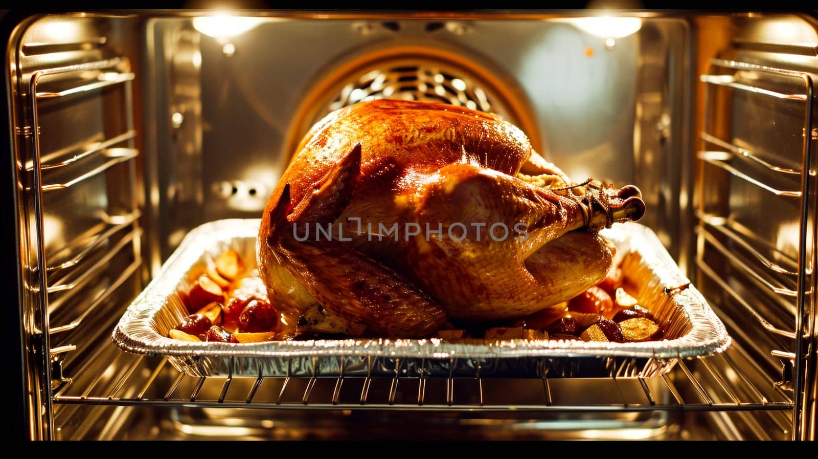 A golden-brown turkey roasting in an oven, surrounded by aromatic vegetables, evoking holiday warmth.