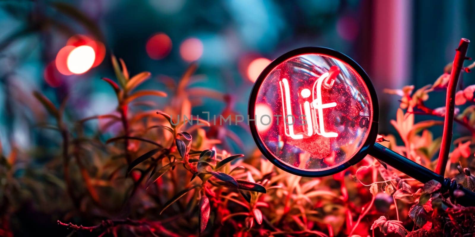 A magnifying glass casting a glowing light over plants, symbolizing search, discovery, and focus on details.
