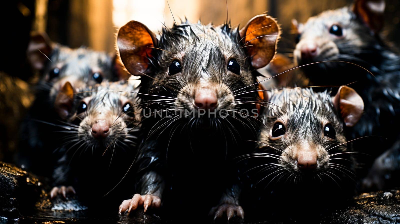 Close-up of wet rats with shining eyes, dark background. Copy space.problems with increasing rat populations and pest control in cities and towns
