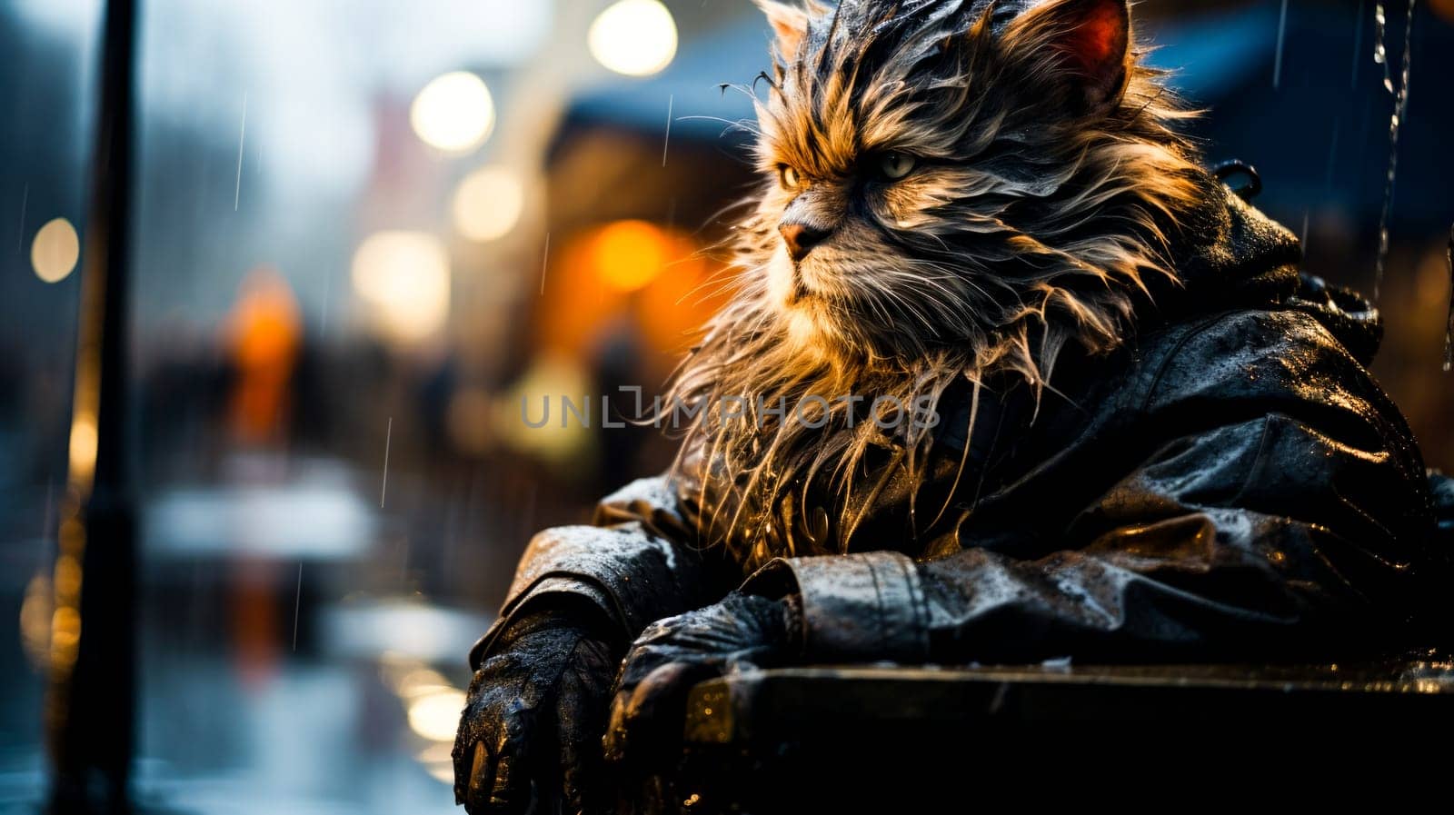 a cat in a coat looks into the distance on a rainy evening, causing a feeling of wariness.for storytelling, cinematic themes or creative projects