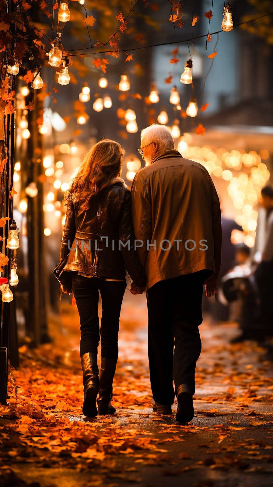 An elderly couple walking arm in arm under a canopy of autumn leaves and warm lights, a moment of enduring love.