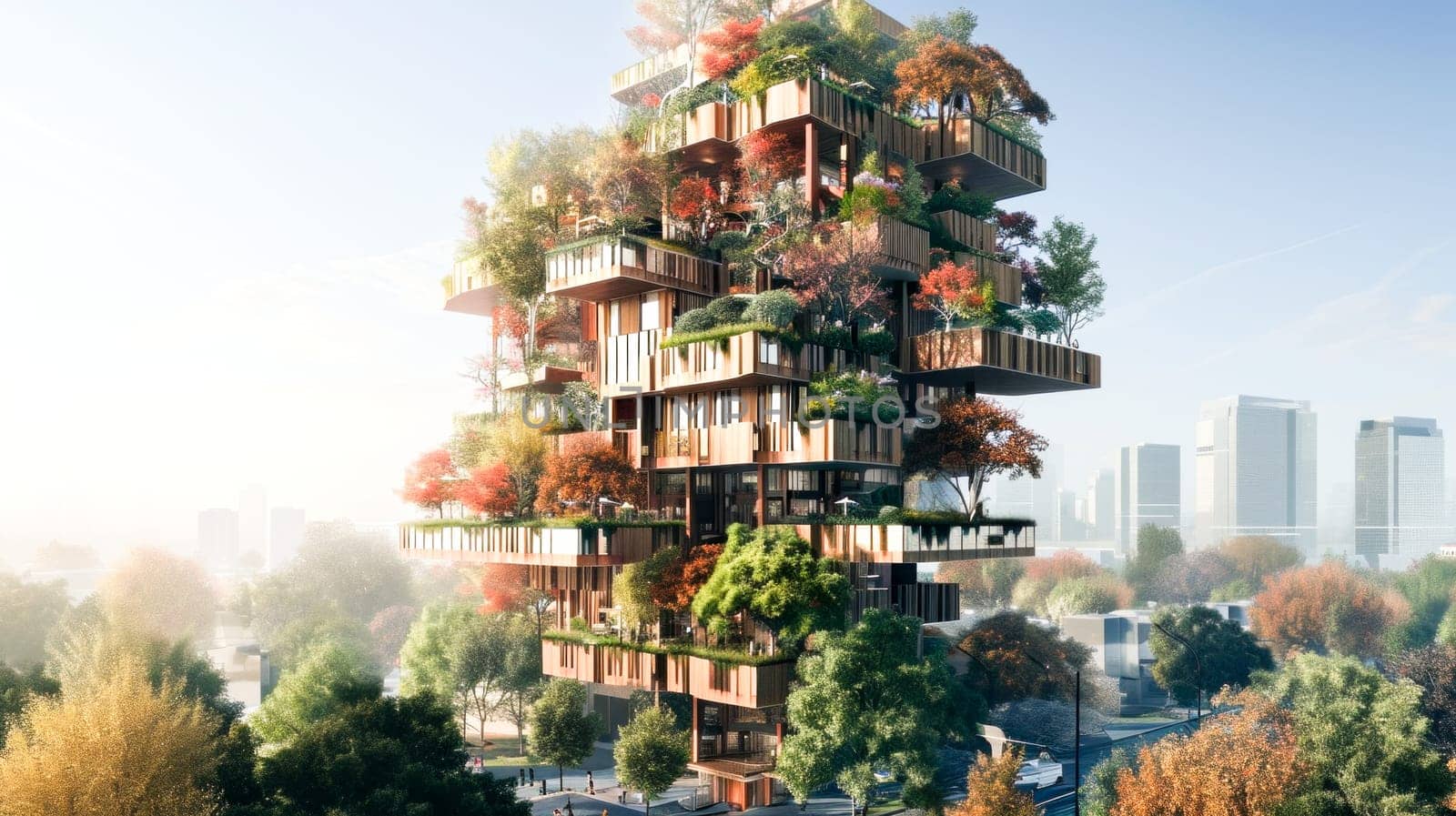 A multi-tiered building with abundant greenery, merging urban living with nature, representing sustainable architecture.