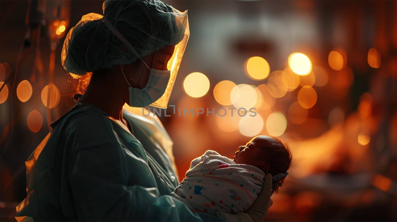 A healthcare professional in scrubs gently holds a newborn, amidst the warm glow of a hospital. Tender Moment in Neonatal Care.