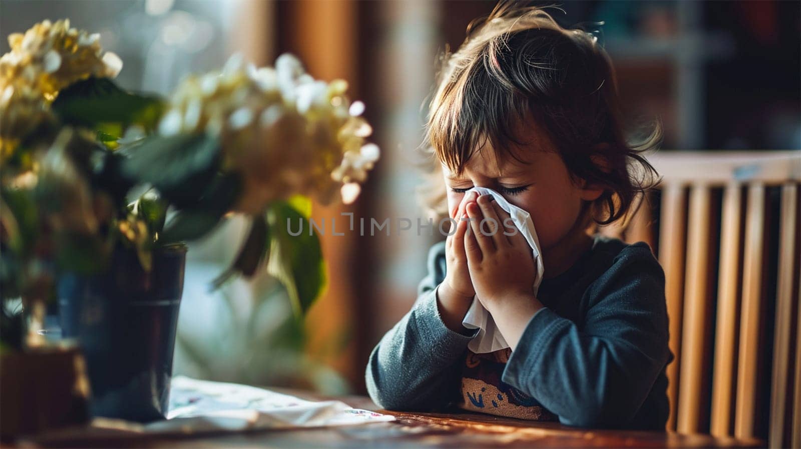 A young child with tousled hair blows their nose, seated at a table with a potted flower nearby.