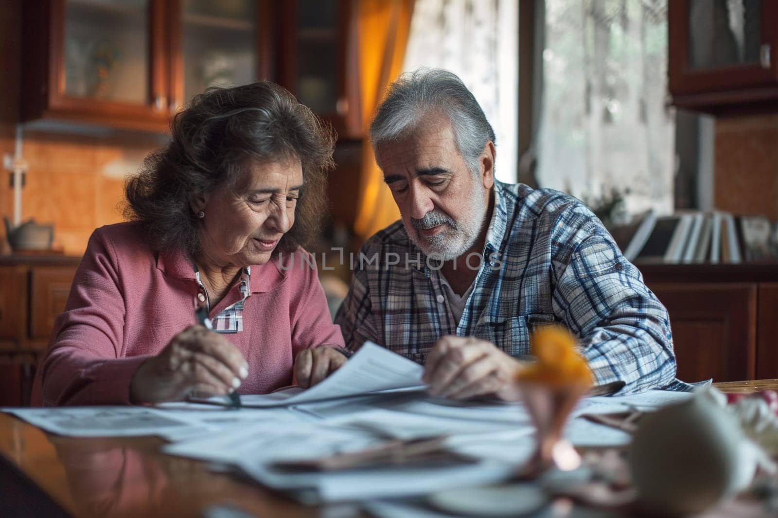 An elderly couple reviewing documents together, focused on financial planning in their golden years.