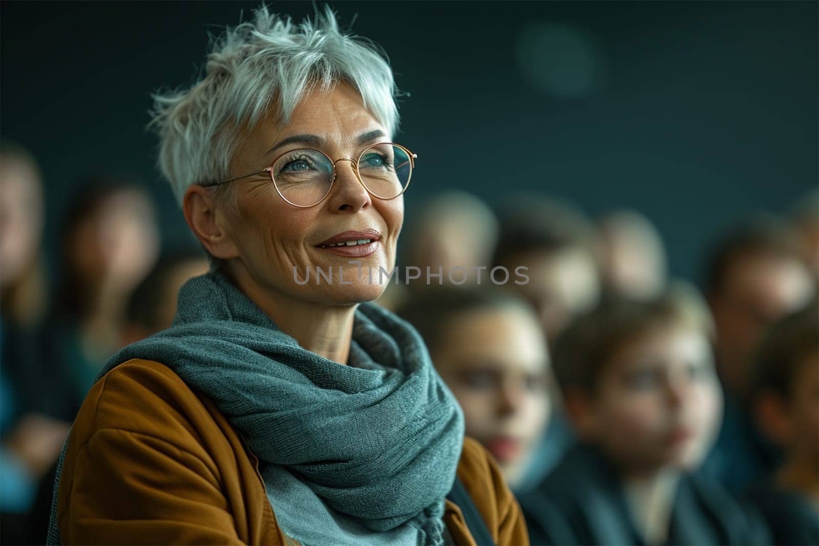 A woman with short gray hair and glasses appears engaged and thoughtful at an event.